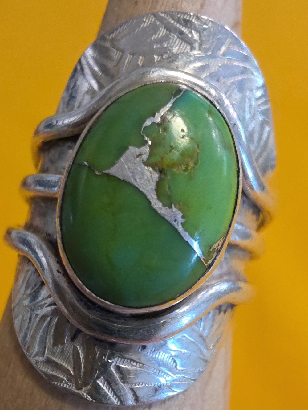 Vintage 925 India- Hand Stamped Shield Ring - Green Copper Turquoise Cabochon